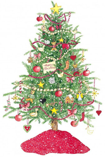 Free Illustrations - This Is A Beautiful Watercolor Painting Of A Christmas  Tree Adorned With Golden Ornaments. The Tree Is Surrounded By Several  Oranges That Catch The Viewer's Attention, Creating A Festive